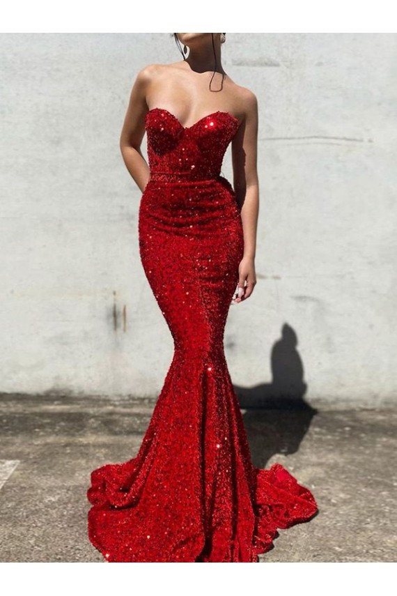 Bordeaux Sirène Traîne moyenne Paillettes Velours Longue Robes de bal Pas Cher