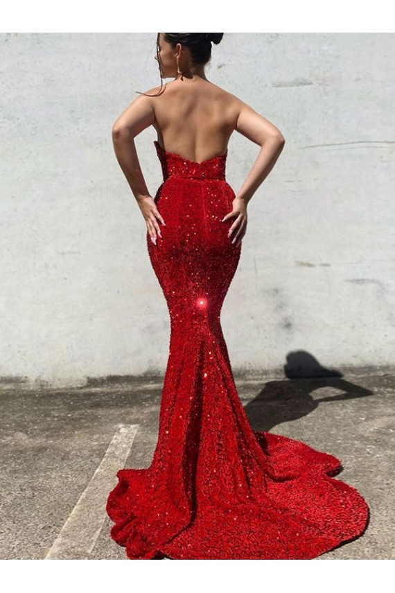 Bordeaux Sirène Traîne moyenne Paillettes Velours Longue Robes de bal Pas Cher