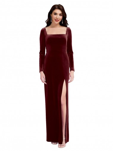 Bordeaux Trapèze Bretelles spaghetti Col Carré Velours Stretch Longue Robes demoiselle d'honneur / Robes de bal Pas Cher