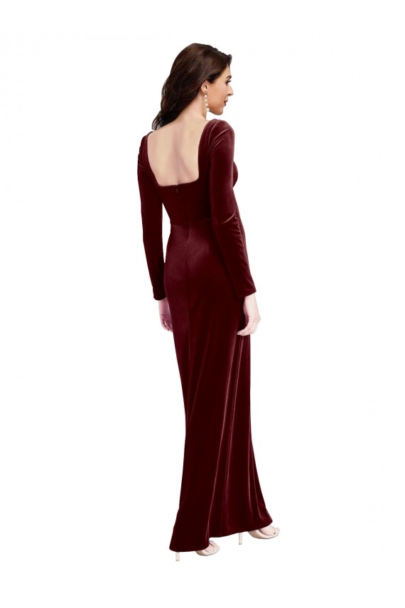 Bordeaux Trapèze Bretelles spaghetti Col Carré Velours Stretch Longue Robes demoiselle d'honneur / Robes de bal Pas Cher