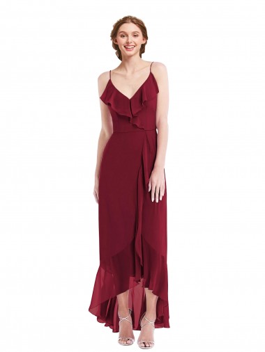 Bordeaux Trapèze Bretelles spaghetti Col V Mousseline Longue Asymétrique Robes demoiselle d'honneur Pas Cher