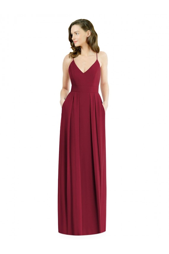 Bordeaux Trapèze Bretelles spaghetti Col V Mousseline Longue Robes demoiselle d'honneur Pas Cher