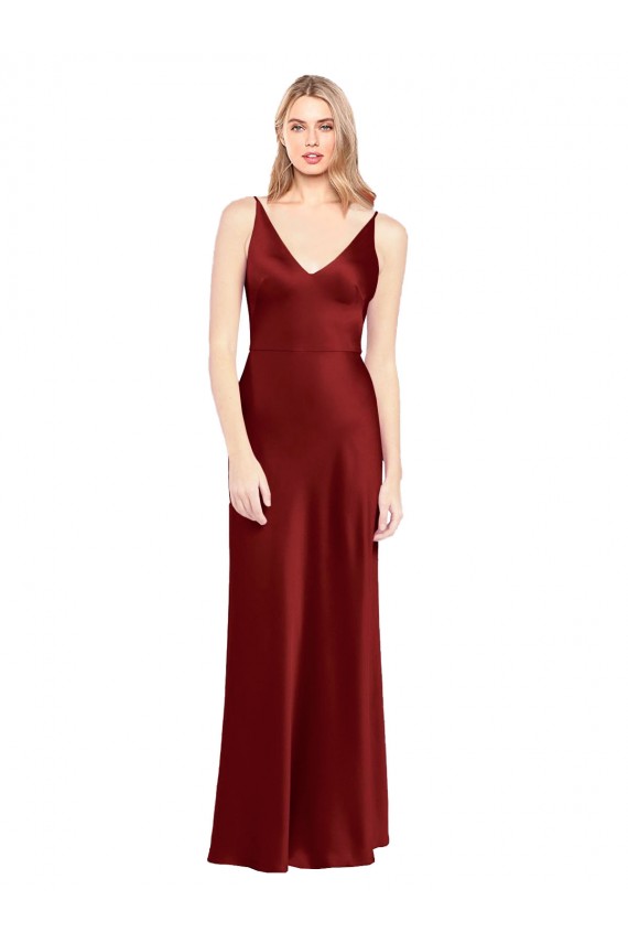 Bordeaux Trapèze Bretelles spaghetti Col V Satiné Stretch Longue Formelles Robes demoiselle d'honneur / Robes de soirée / Robes de bal Pas Cher