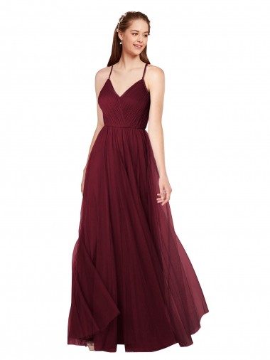 Bordeaux Trapèze Bretelles spaghetti Col V Tulle Longue Robes demoiselle d'honneur Pas Cher