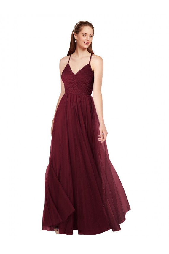 Bordeaux Trapèze Bretelles spaghetti Col V Tulle Longue Robes demoiselle d'honneur Pas Cher