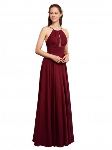 Bordeaux Trapèze Bretelles spaghetti Mousseline Longue Robes demoiselle d'honneur Pas Cher