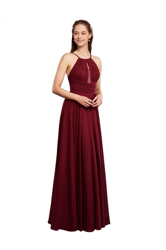 Bordeaux Trapèze Bretelles spaghetti Mousseline Longue Robes demoiselle d'honneur Pas Cher