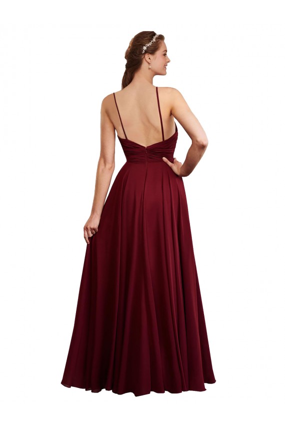 Bordeaux Trapèze Bretelles spaghetti Mousseline Longue Robes demoiselle d'honneur Pas Cher