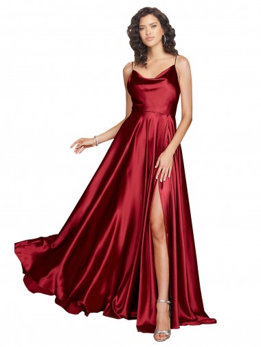 Bordeaux Trapèze Bretelles spaghetti Satiné Soyeux Longue Formelles Robes demoiselle d'honneur / Robes de soirée / Robes de bal Pas Cher