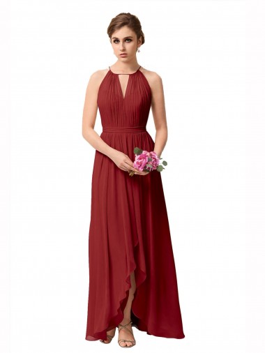 Bordeaux Trapèze Col Haut Mousseline Longue Asymétrique Robes demoiselle d'honneur Pas Cher
