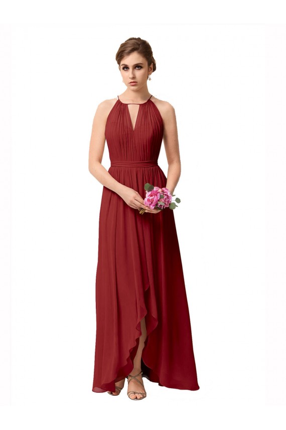 Bordeaux Trapèze Col Haut Mousseline Longue Asymétrique Robes demoiselle d'honneur Pas Cher