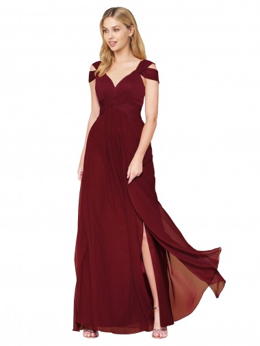 Bordeaux Trapèze Col Haut Mousseline Longue Formelles Robes demoiselle d'honneur / Robes de soirée / Robes de bal Pas Cher