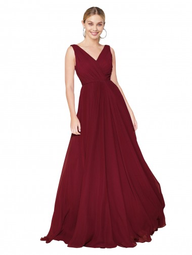 Bordeaux Trapèze Col V Mousseline Longue Formelles Robes demoiselle d'honneur / Robes de soirée / Robes de bal Pas Cher