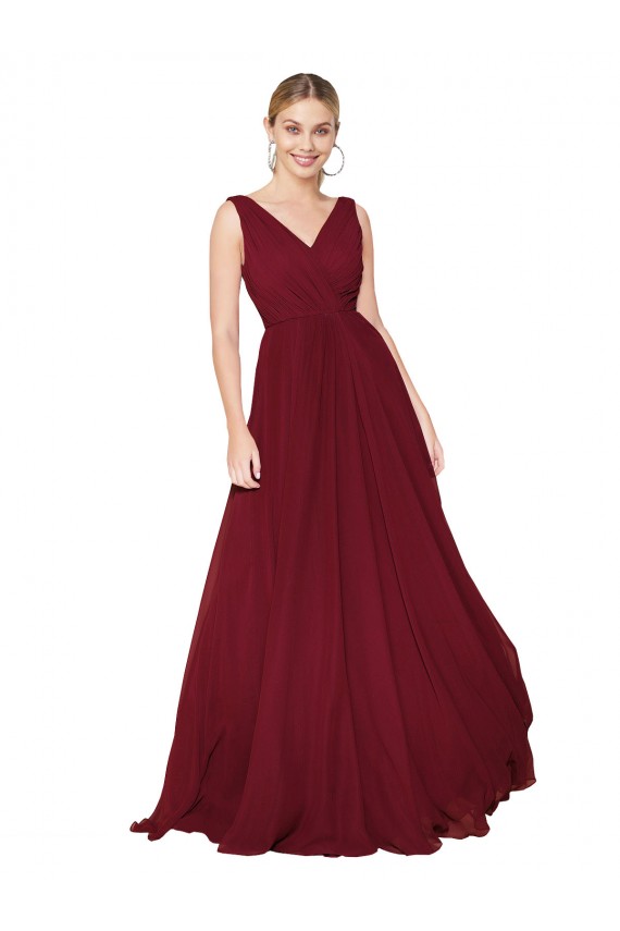 Bordeaux Trapèze Col V Mousseline Longue Formelles Robes demoiselle d'honneur / Robes de soirée / Robes de bal Pas Cher