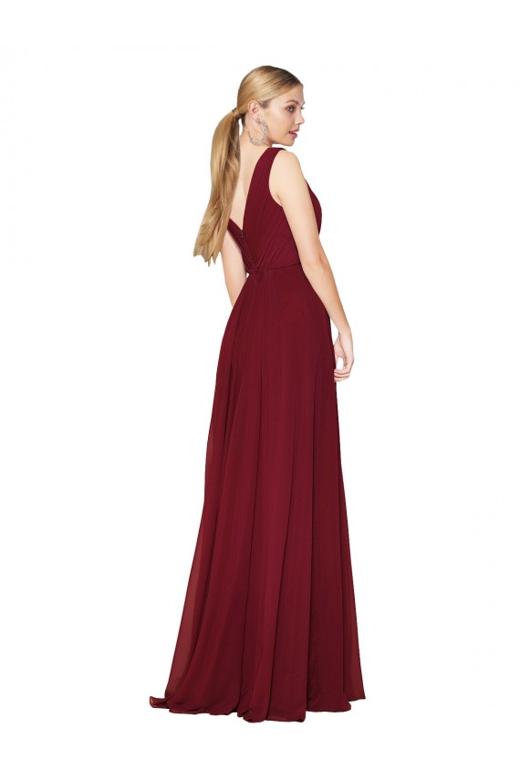 Bordeaux Trapèze Col V Mousseline Longue Formelles Robes demoiselle d'honneur / Robes de soirée / Robes de bal Pas Cher