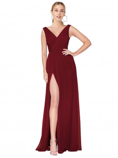 Bordeaux Trapèze Col V Mousseline Longue Formelles Robes demoiselle d'honneur / Robes de soirée / Robes de bal Pas Cher