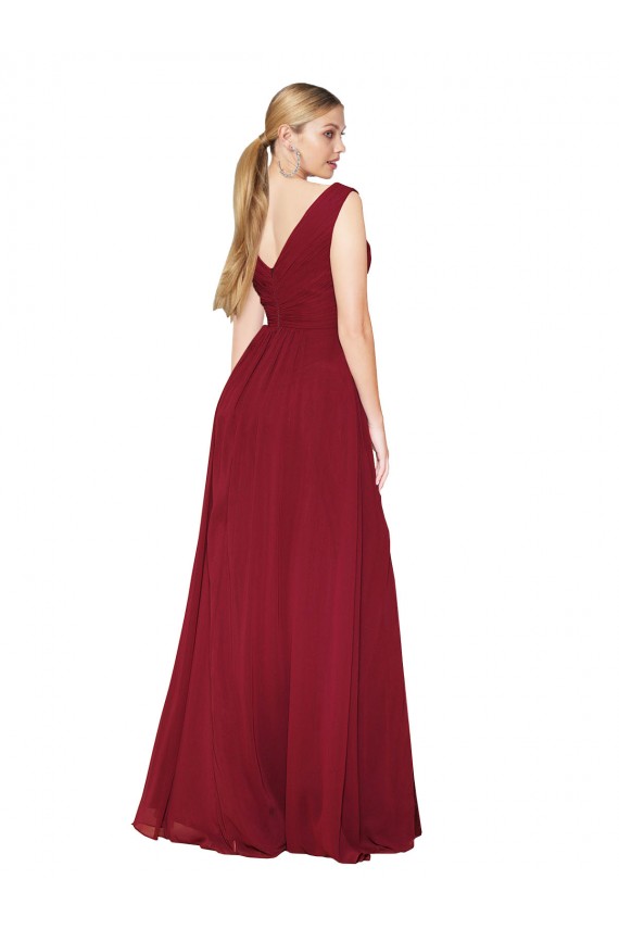 Bordeaux Trapèze Col V Mousseline Longue Formelles Robes demoiselle d'honneur / Robes de soirée / Robes de bal Pas Cher