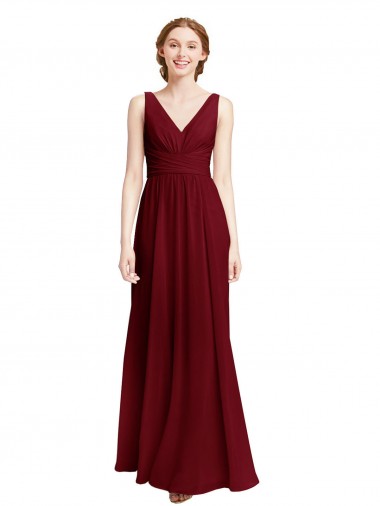Bordeaux Trapèze Col V Mousseline Longue Robes demoiselle d'honneur Pas Cher