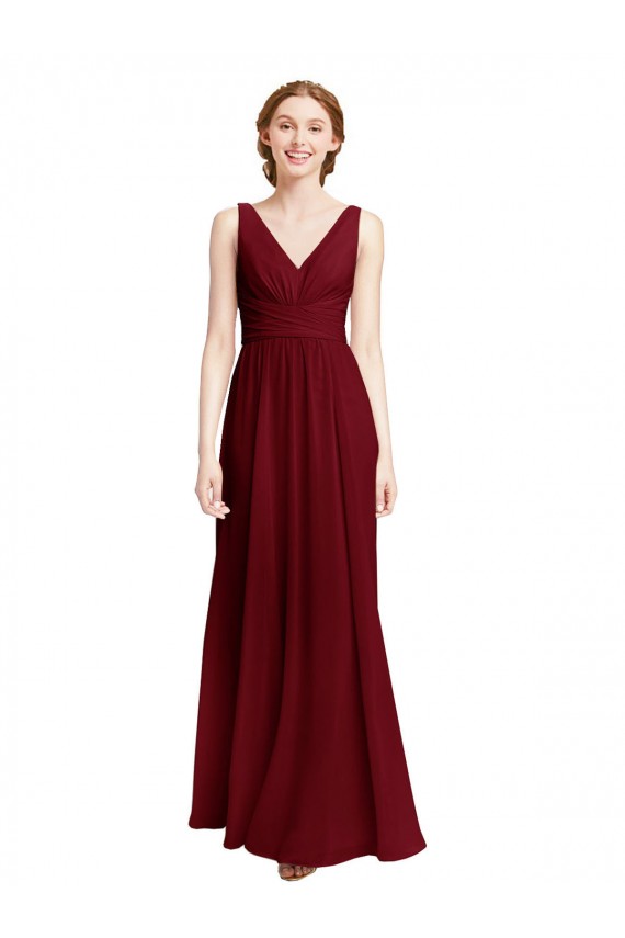 Bordeaux Trapèze Col V Mousseline Longue Robes demoiselle d'honneur Pas Cher
