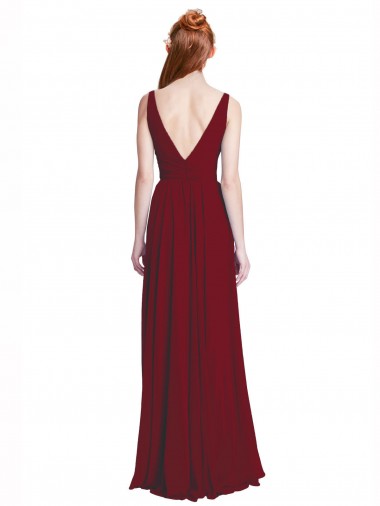 Bordeaux Trapèze Col V Mousseline Longue Robes demoiselle d'honneur