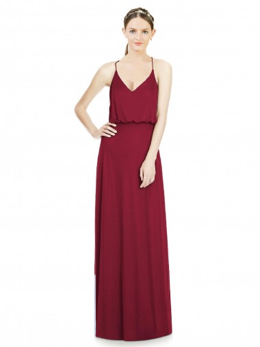 Bordeaux Trapèze Col V Mousseline Longue Robes demoiselle d'honneur Pas Cher