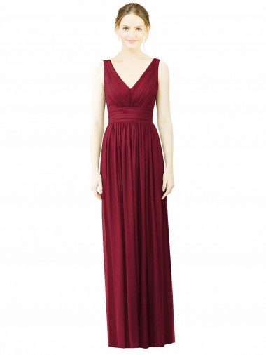 Bordeaux Trapèze Col V Mousseline Longue Robes demoiselle d'honneur Pas Cher