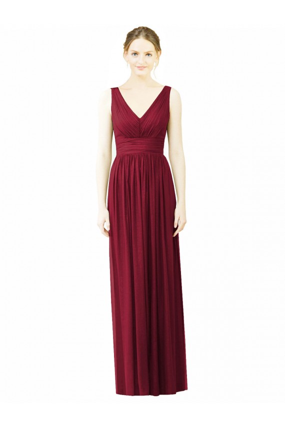 Bordeaux Trapèze Col V Mousseline Longue Robes demoiselle d'honneur Pas Cher