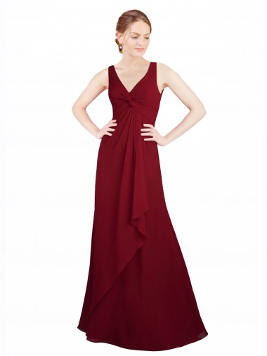 Bordeaux Trapèze Col V Mousseline Longue Robes demoiselle d'honneur Pas Cher