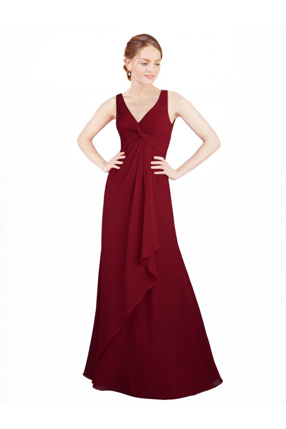 Bordeaux Trapèze Col V Mousseline Longue Robes demoiselle d'honneur Pas Cher