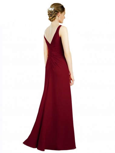 Bordeaux Trapèze Col V Mousseline Longue Robes demoiselle d'honneur