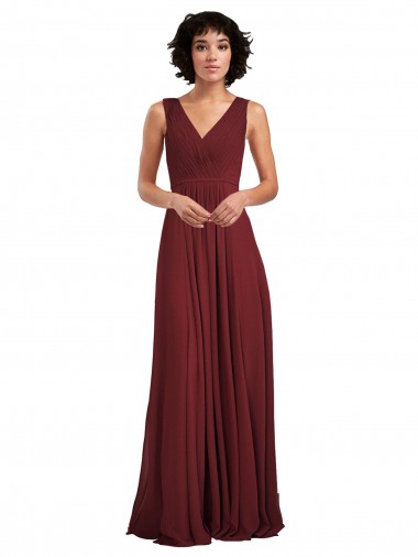 Bordeaux Trapèze Col V Mousseline Longue Robes demoiselle d'honneur Pas Cher