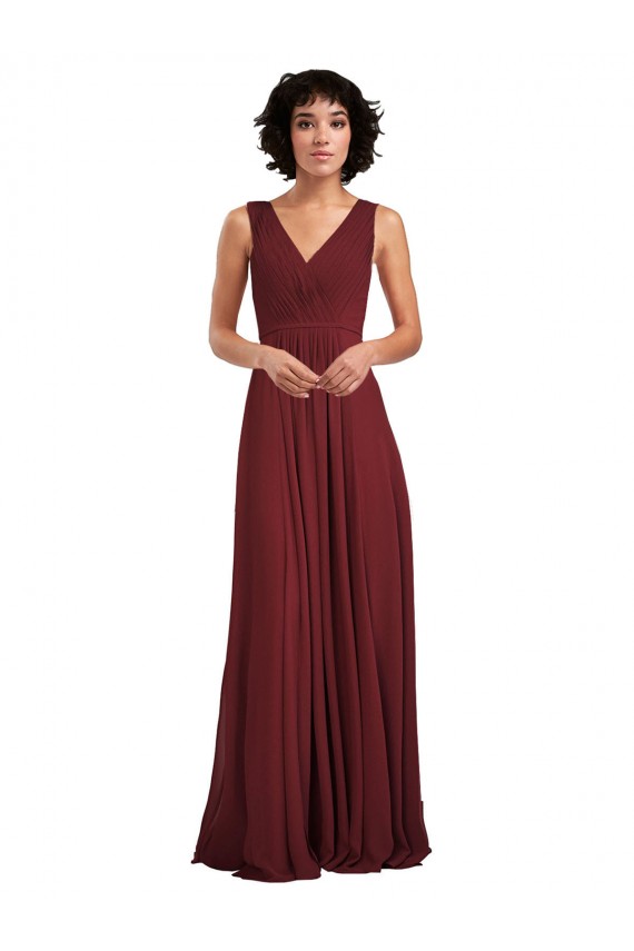 Bordeaux Trapèze Col V Mousseline Longue Robes demoiselle d'honneur Pas Cher
