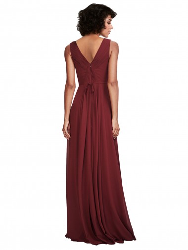 Bordeaux Trapèze Col V Mousseline Longue Robes demoiselle d'honneur