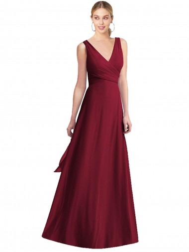 Bordeaux Trapèze Col V Mousseline Longue Robes demoiselle d'honneur Pas Cher