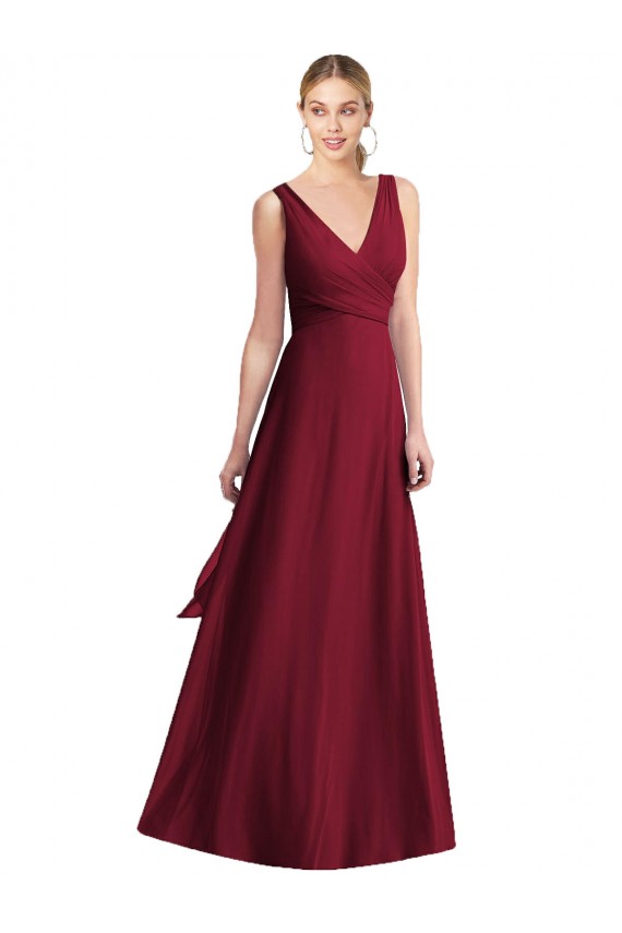 Bordeaux Trapèze Col V Mousseline Longue Robes demoiselle d'honneur Pas Cher