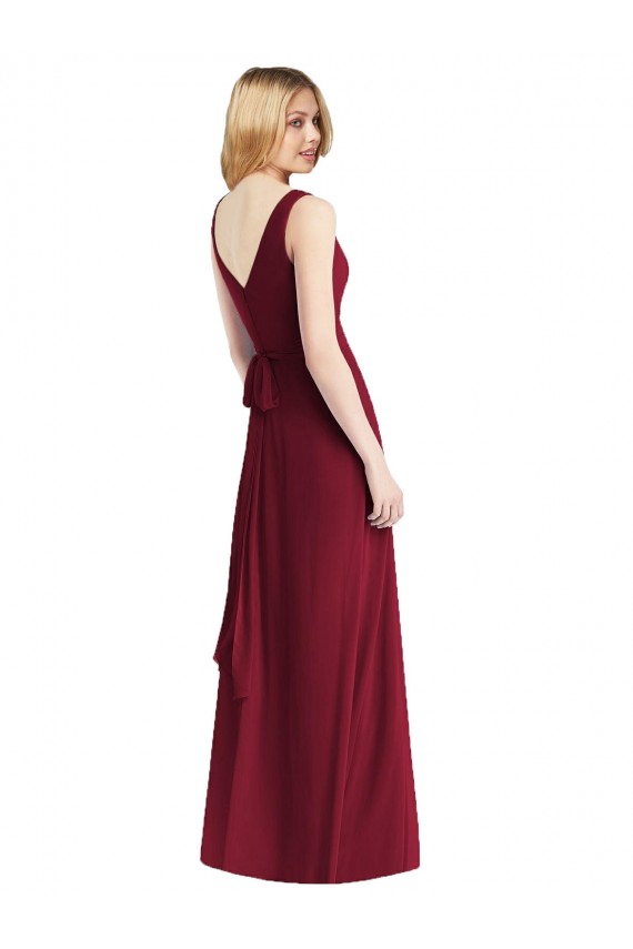 Bordeaux Trapèze Col V Mousseline Longue Robes demoiselle d'honneur Pas Cher