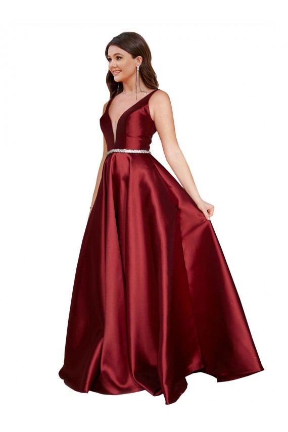 Bordeaux Trapèze Col V Satiné Longue Formelles Robes demoiselle d'honneur / Robes de soirée / Robes de bal Pas Cher