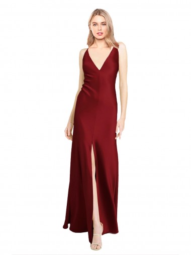 Bordeaux Trapèze Col V Satiné Stretch Longue Formelles Robes demoiselle d'honneur / Robes de soirée / Robes de bal Pas Cher