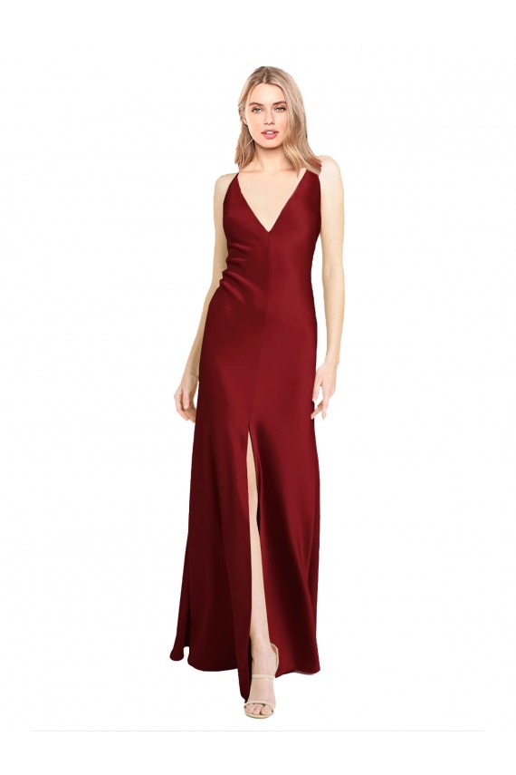 Bordeaux Trapèze Col V Satiné Stretch Longue Formelles Robes demoiselle d'honneur / Robes de soirée / Robes de bal Pas Cher