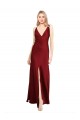 Bordeaux Trapèze Col V Satiné Stretch Longue Formelles Robes demoiselle d'honneur / Robes de soirée / Robes de bal Pas Cher