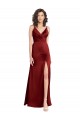 Bordeaux Trapèze Col V Satiné Stretch Longue Formelles Robes demoiselle d'honneur / Robes de soirée / Robes de bal Pas Cher
