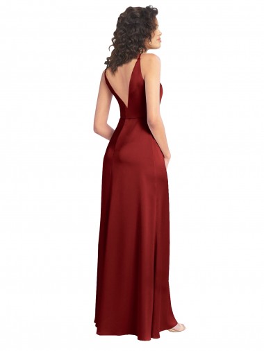Bordeaux Trapèze Col V Satiné Stretch Longue Formelles Robes demoiselle d'honneur / Robes de soirée / Robes de bal