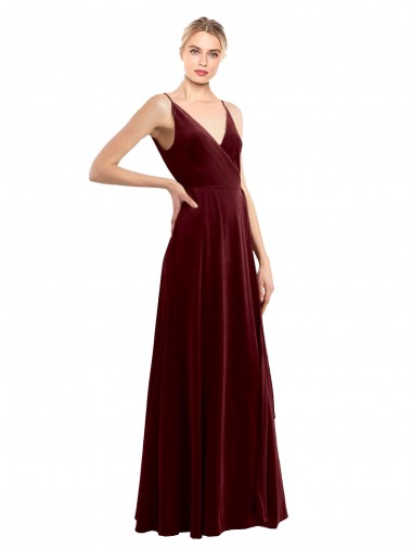 Bordeaux Trapèze Col V Velours Stretch Longue Formelles Robes demoiselle d'honneur / Robes de soirée / Robes de bal Pas Cher