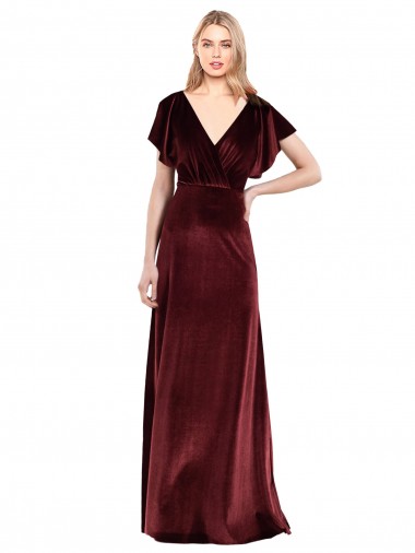 Bordeaux Trapèze Col V Velours Stretch Longue Robes demoiselle d'honneur / Robes de bal Pas Cher