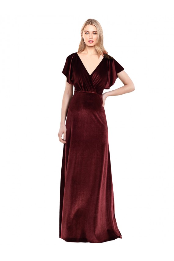Bordeaux Trapèze Col V Velours Stretch Longue Robes demoiselle d'honneur / Robes de bal Pas Cher