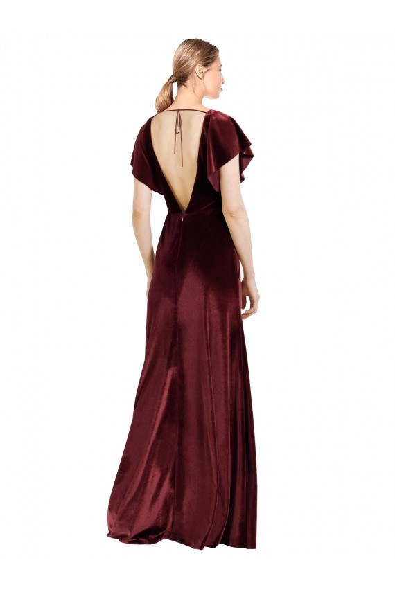 Bordeaux Trapèze Col V Velours Stretch Longue Robes demoiselle d'honneur / Robes de bal Pas Cher