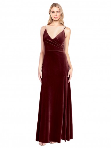Bordeaux Trapèze Col V Velours Stretch Longue Robes demoiselle d'honneur / Robes de bal Pas Cher