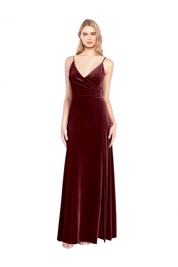 Bordeaux Trapèze Col V Velours Stretch Longue Robes demoiselle d'honneur / Robes de bal Pas Cher