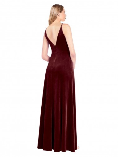 Bordeaux Trapèze Col V Velours Stretch Longue Robes demoiselle d'honneur / Robes de bal