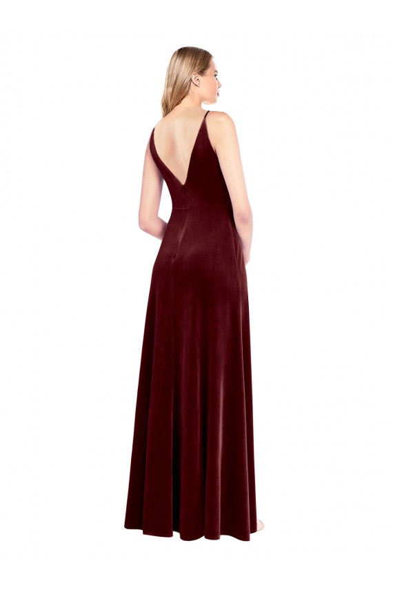 Bordeaux Trapèze Col V Velours Stretch Longue Robes demoiselle d'honneur / Robes de bal Pas Cher